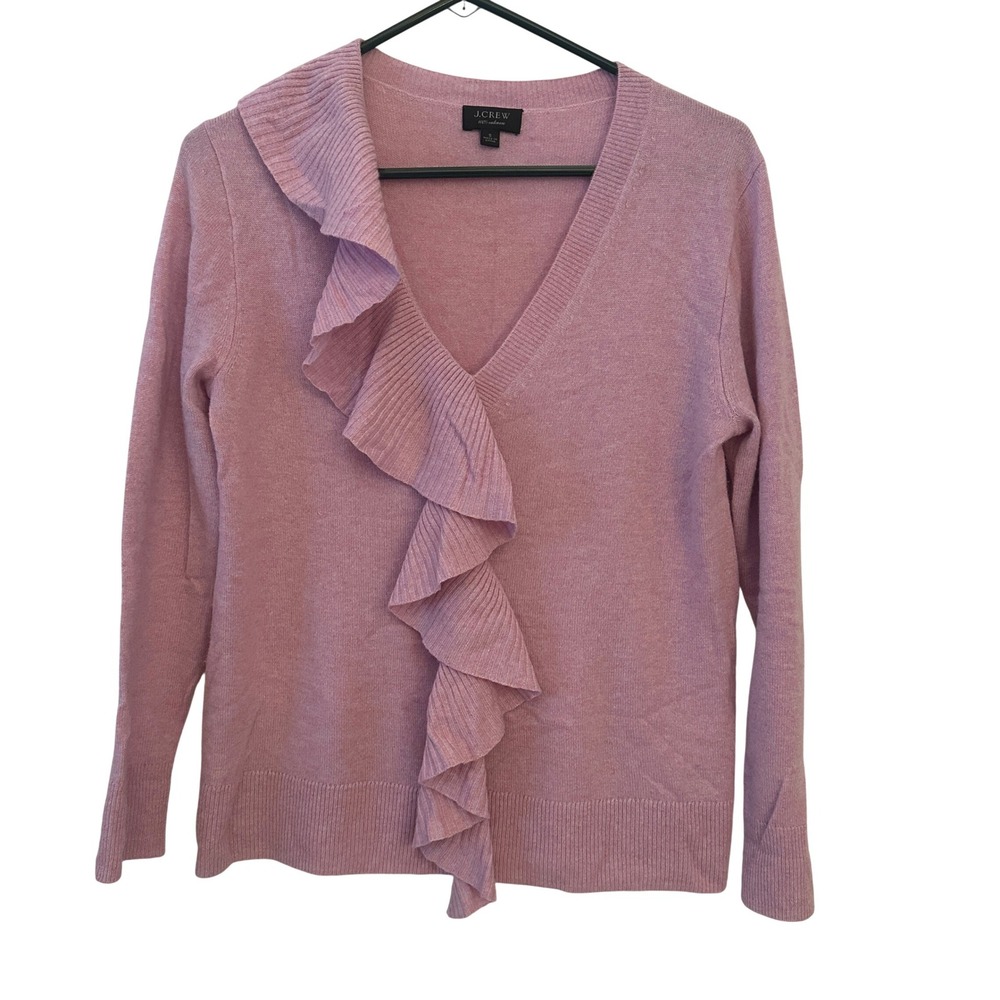 J.Crew‎ Cashmere Sweater Women Small Pink Ruffle Front V-Neck Long Sleeve